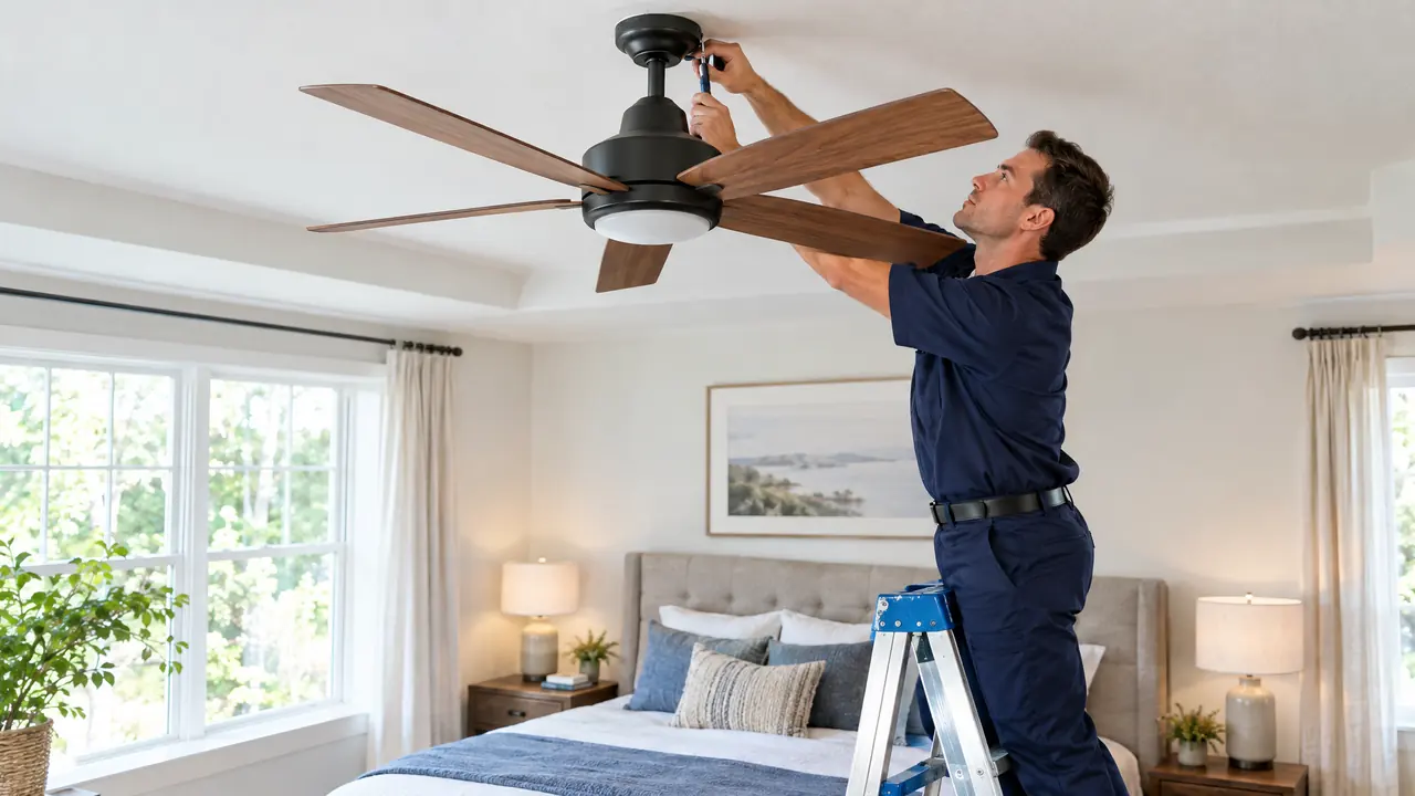 Installing a Ceiling Fan | Music City Plumber A stylish ceiling fan with wooden blades in a bright bedroom while an electrician on a ladder tightens the mount