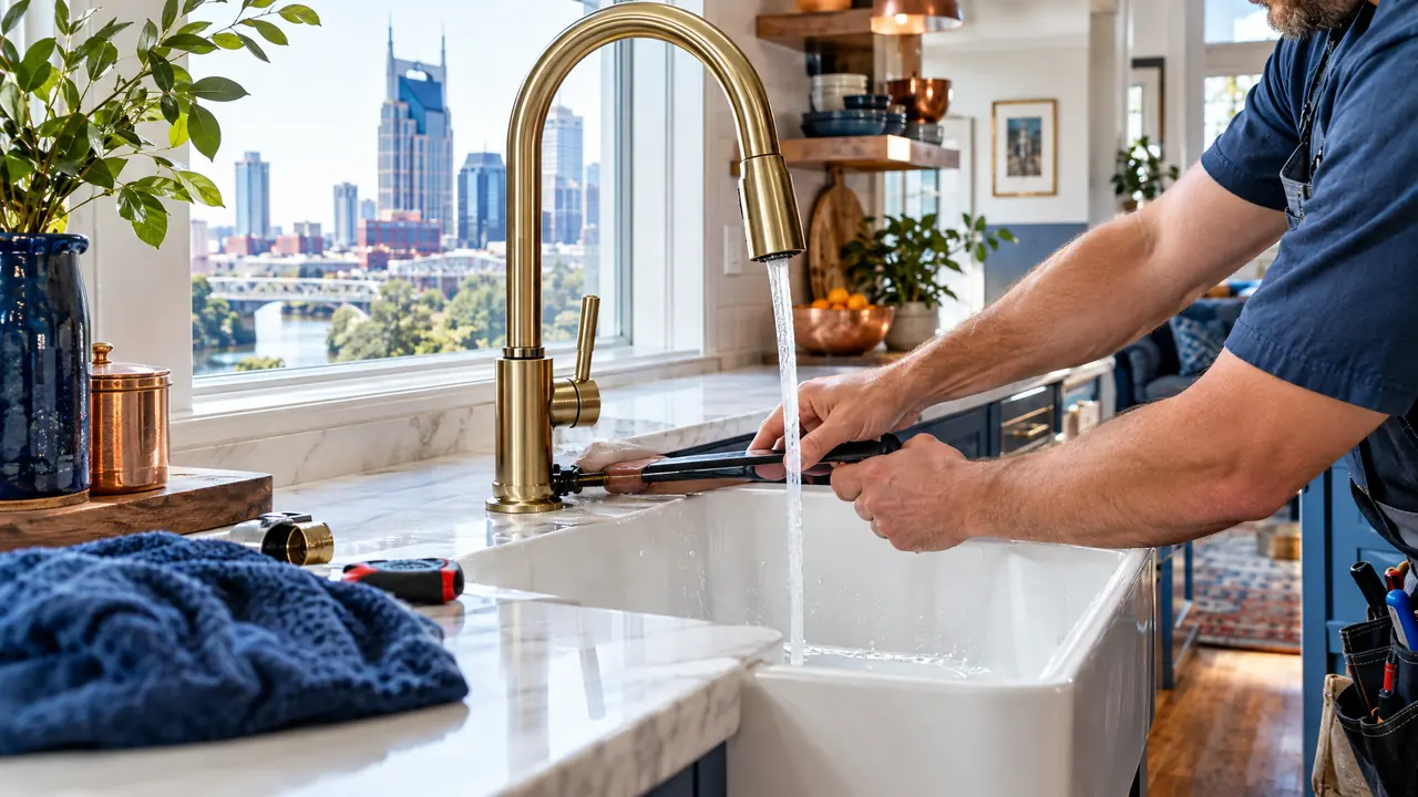 Brushed Brass Kitchen Faucet | Music City Plumber A beautiful brushed brass kitchen faucet over a farmhouse sink in a bright Nashville home with water streaming and a plumber’s hands finishing the install