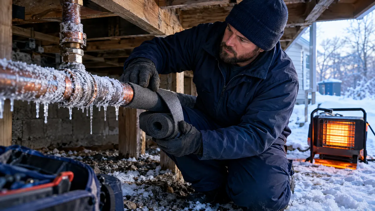 Insulating a Frozen Pipe | Music City Plumber A frost-covered exposed water pipe under a house with small icicles, a technician wrapping it with insulation while a work heater glows nearby on a snowy Tennessee morning