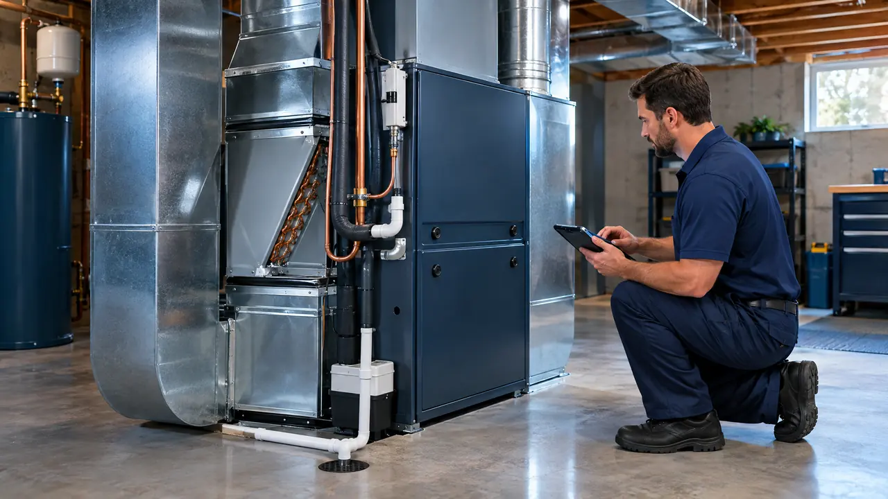 A new high-efficiency gas furnace with a cased coil installed in a clean basement with neat ductwork and a drain line, a technician checking it with a tablet