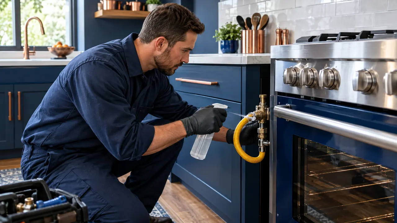 A plumber connecting a flexible gas line to a new range in a modern kitchen and checking the connection with leak-test solution, safe and professional