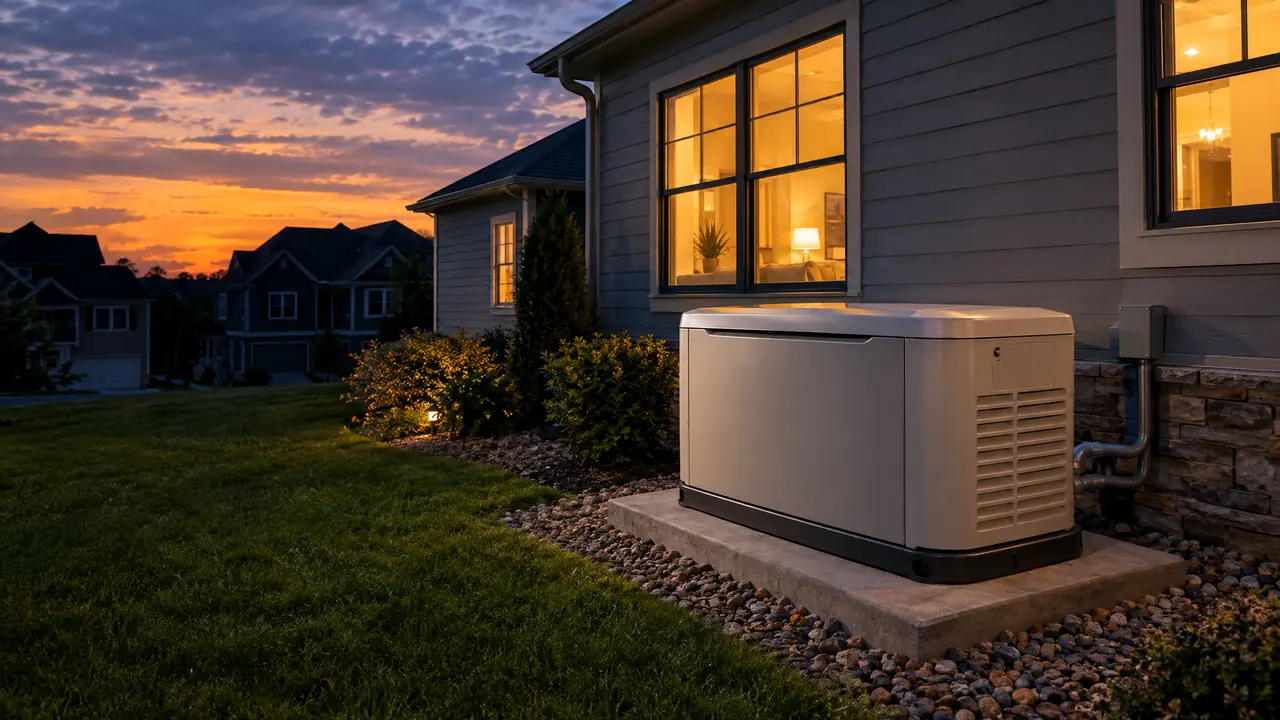 A whole-home standby generator on a concrete pad beside a house at dusk, the house windows glowing warmly while the neighboring houses are dark
