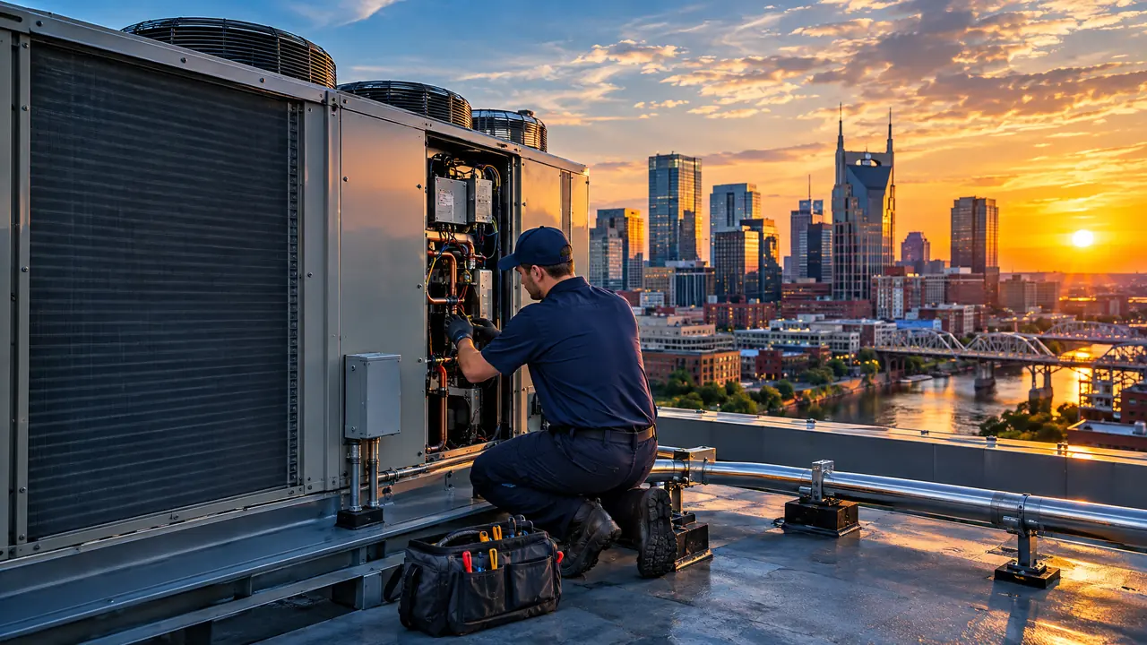 Commercial Rooftop HVAC Unit | Music City Plumber A large commercial rooftop HVAC unit being serviced by a technician at sunset above a downtown Nashville building