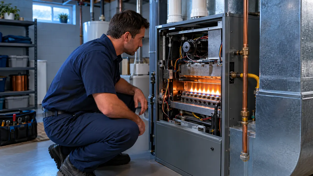 A technician inspecting a gas furnace with the panel open and a warm orange flame visible, in a tidy basement utility room