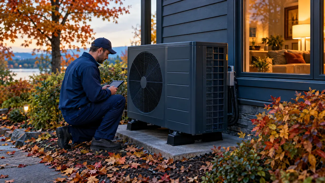 A modern heat pump outdoor unit beside a house in autumn with colorful leaves, a technician checking it, a cozy lit window glowing