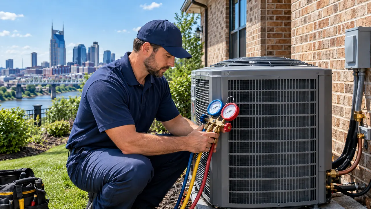 An HVAC technician in a navy uniform with gauges beside a modern outdoor air conditioner condenser at a Nashville brick home on a sunny day