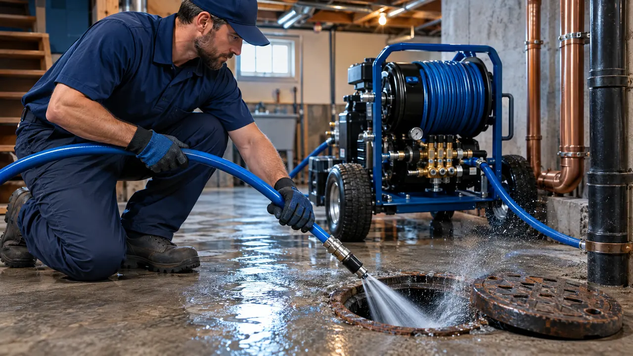 A high-pressure hydro jetting hose entering a sewer cleanout in a basement while powerful water spray glistens, a professional jetter machine beside a plumber