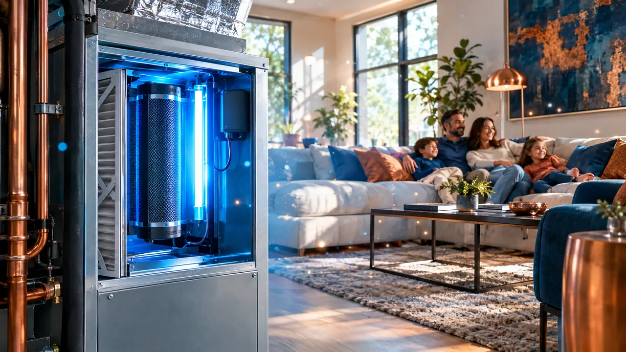 An air purifier and UV light installed on a home air handler, a family relaxing on a sofa in a bright living room behind and soft floating light particles