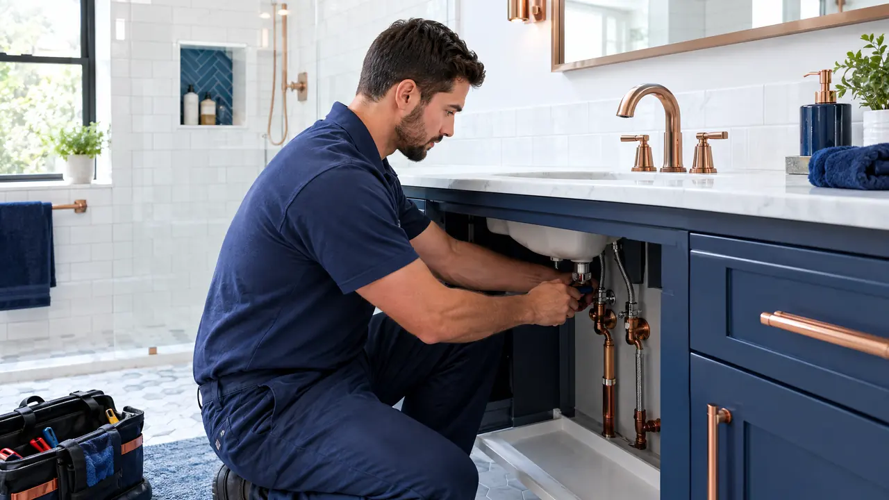 A plumber installing a new modern faucet and shutoff valves on a vanity in a bright renovated bathroom with white tile