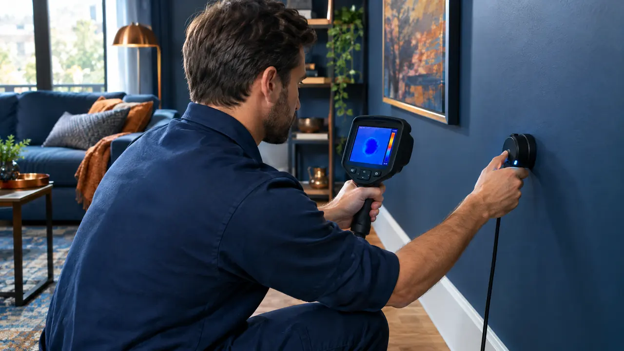 A technician using a handheld thermal camera and an acoustic leak detector against a living room wall, the camera screen showing a cool blue patch where water hides