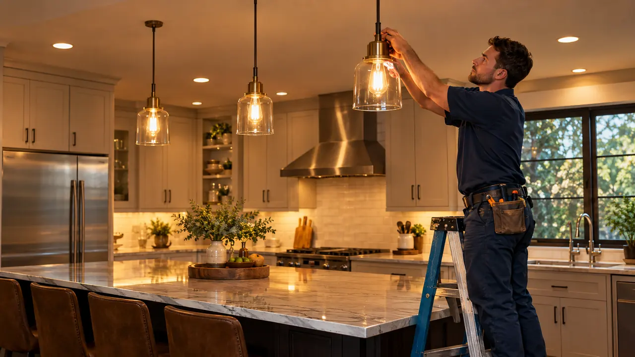 A beautiful kitchen with warm recessed ceiling lights and glowing pendant lights over an island, an electrician finishing a fixture