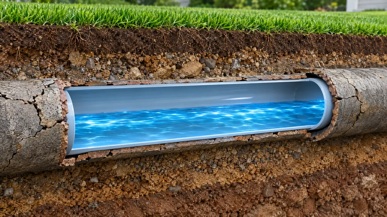 A cutaway view of an underground sewer pipe with a smooth new liner inside an old cracked pipe, soil layers around it and a tidy green lawn above, with glowing blue flow inside