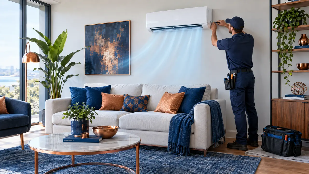 A sleek white wall-mounted ductless mini-split unit above a sofa in a bright modern living room with soft cool air flow lines, a technician finishing the install