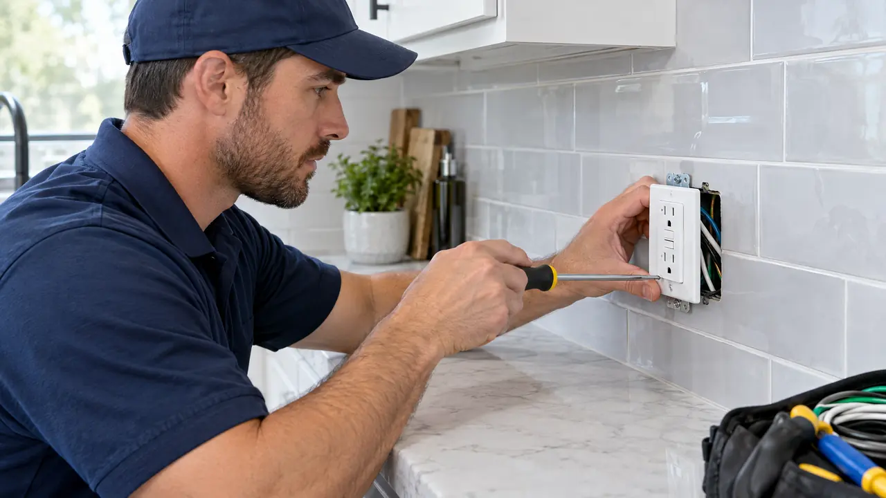 An electrician installing a modern white GFCI outlet beside a kitchen backsplash, tidy wiring and a screwdriver