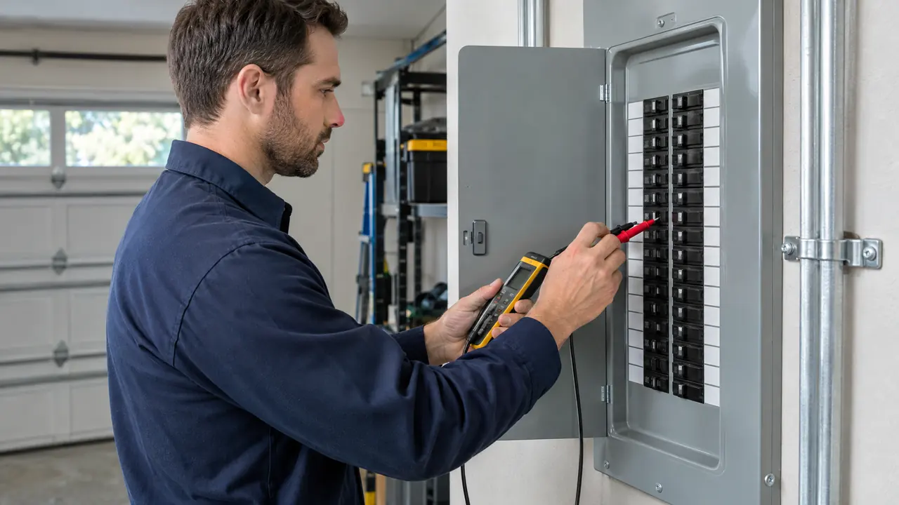A new neat breaker panel with labeled breakers mounted on a garage wall, an electrician checking it with a tester