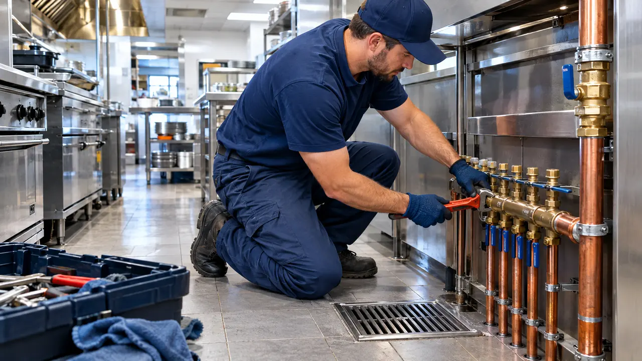 A commercial plumber working on a pipe manifold and floor drain in a restaurant kitchen with stainless steel equipment and bright lighting