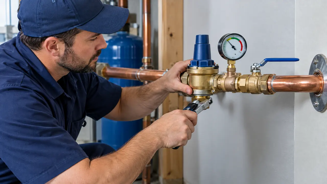 Pressure Regulator on the Main Water Line | Music City Plumber A technician installing a new pressure regulator and a gauge on the main water line where it enters a home, copper pipe and shutoff valve, the gauge needle in the green zone