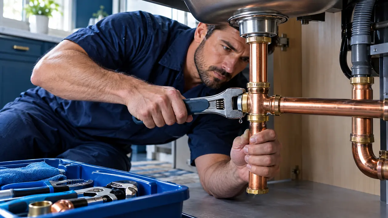 A plumber tightening a copper pipe joint with a wrench under a kitchen sink, a small water droplet gleaming on the new fitting and a clean tool tray beside him