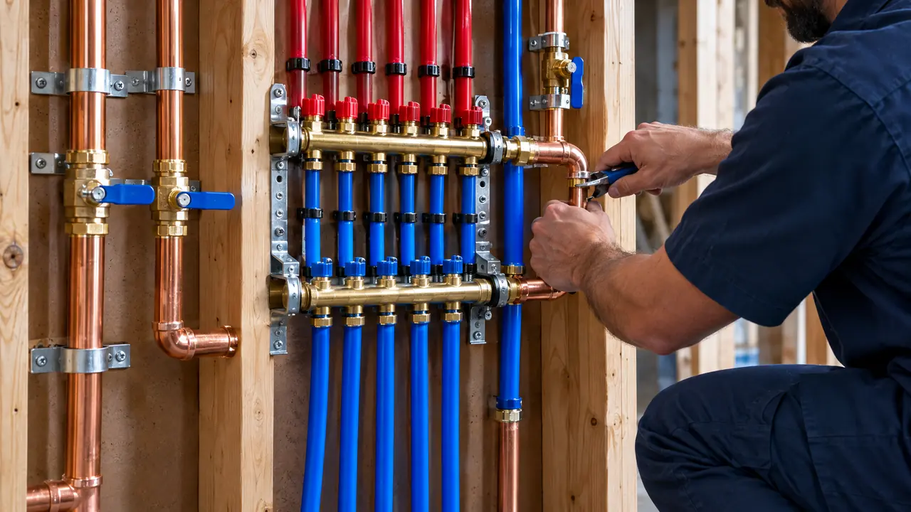 New Copper and PEX Water Lines in a Wall | Music City Plumber A clean open stud wall with a new whole-home repipe of copper and PEX water lines, a manifold, shutoff valves and neat brackets, a plumber’s hands finishing a connection
