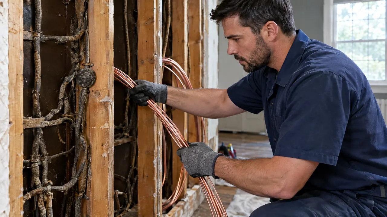 An open wall in an older home showing bundles of new copper wire being pulled through studs beside old cloth-wrapped wiring, an electrician working carefully