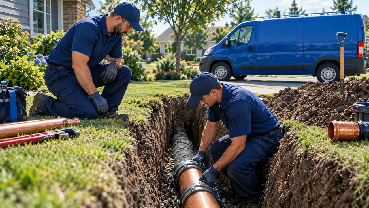 Two plumbers beside a neat open trench in a neighborhood front yard exposing a section of sewer pipe being replaced, a plain blue service van in the background