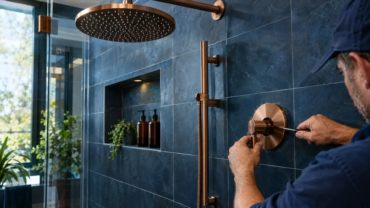 A modern walk-in shower with a rain showerhead and a freshly installed valve trim, tile and glass, a plumber’s hands adjusting the fixture