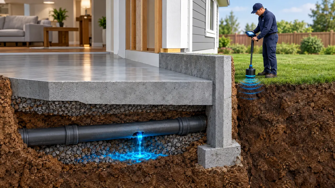 Slab Leak Cutaway | Music City Plumber A cutaway view of a house foundation showing a leaking pipe beneath the concrete slab with glowing blue water, and a technician on the surface using a pipe locator