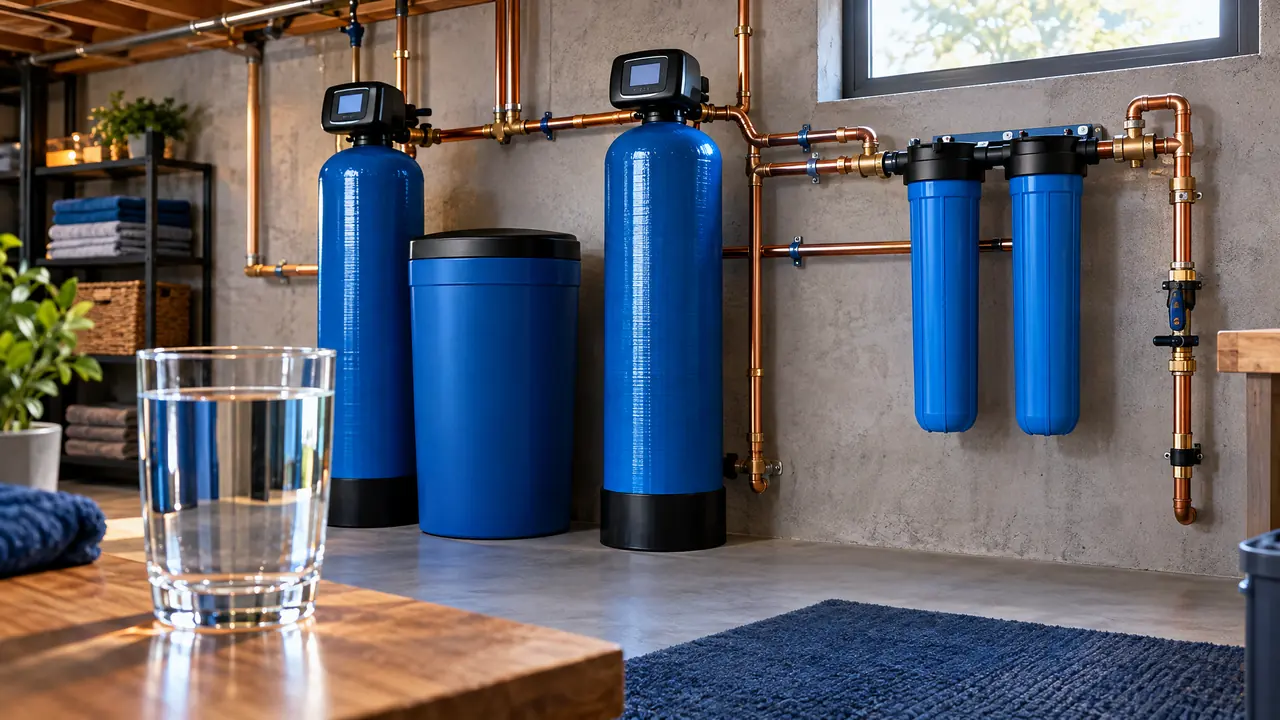 A residential water softener and whole-house filter system with blue tanks and tidy plumbing on a basement wall, a glass of crystal clear water in the foreground