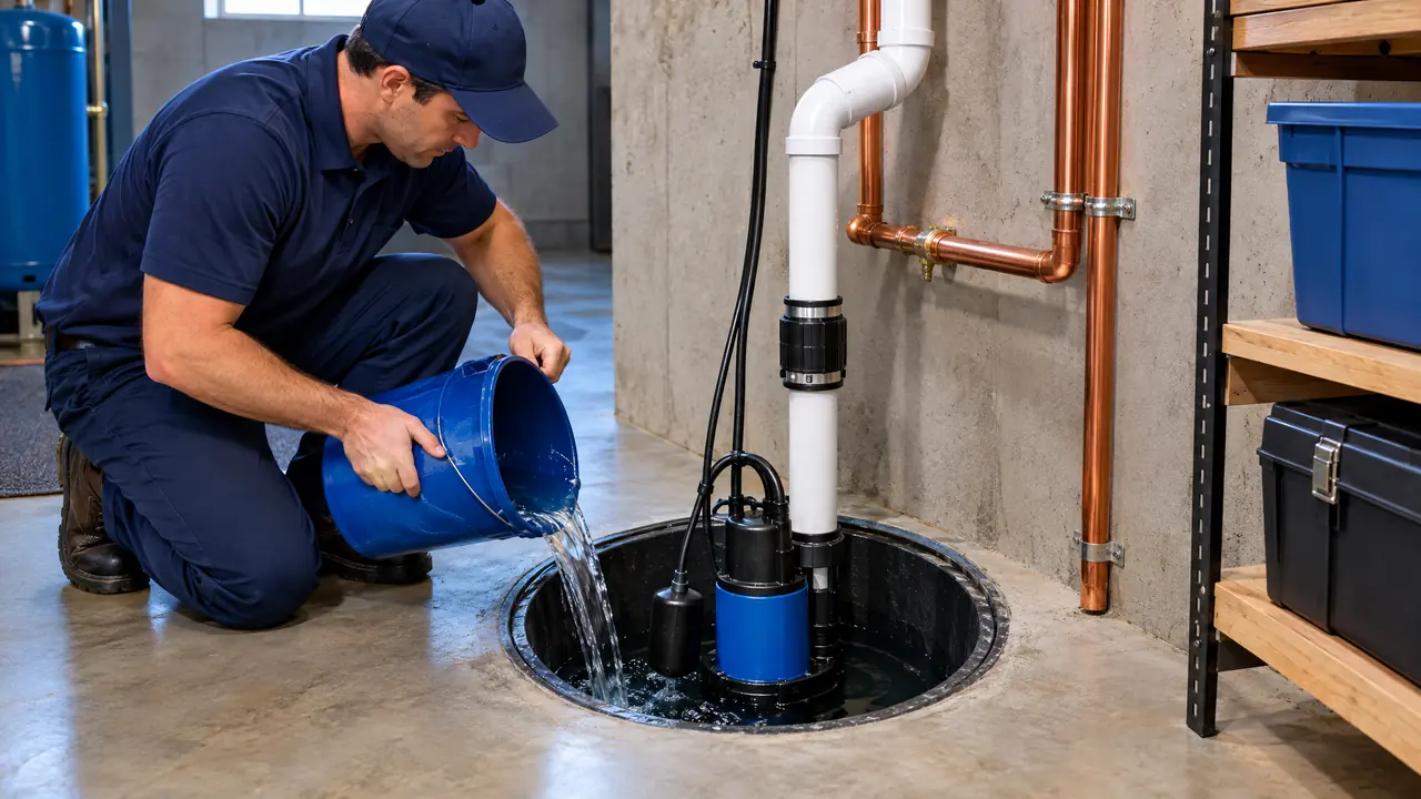 A sump pump in a clean basement corner pit with a new pump, float switch and discharge pipe, a technician testing it by pouring a bucket of water