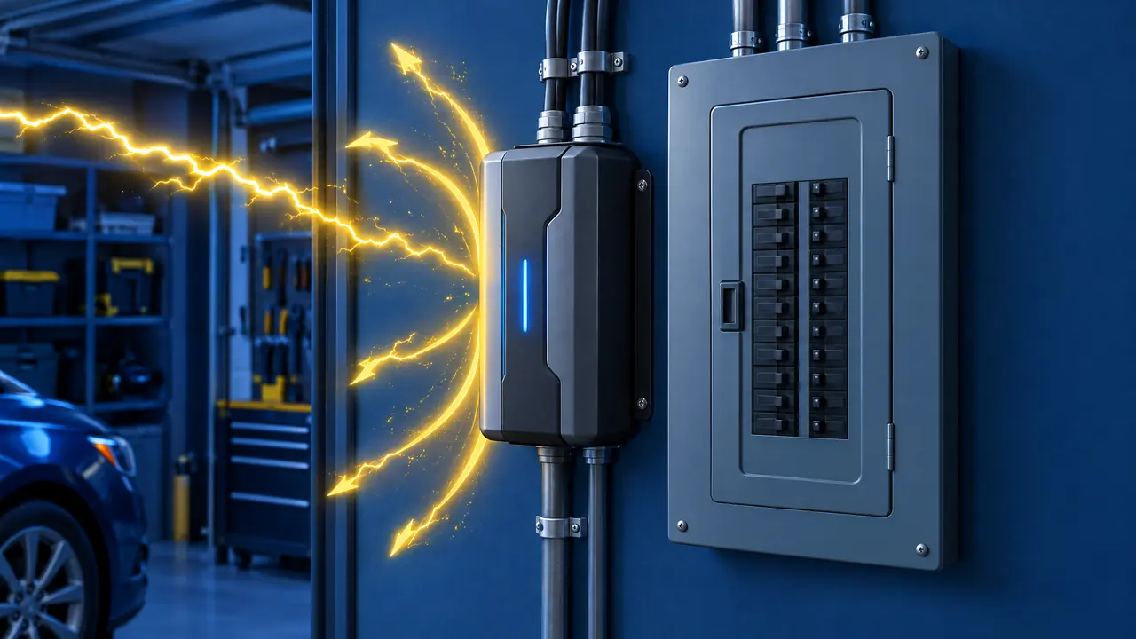 A whole-home surge protector mounted beside an electrical panel in a garage with small glowing lightning bolts being deflected harmlessly away, polished 3D render style
