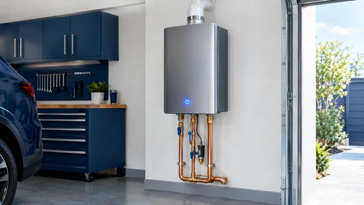 A sleek wall-mounted tankless water heater in a clean white garage with neat copper pipes and a soft glowing blue indicator light
