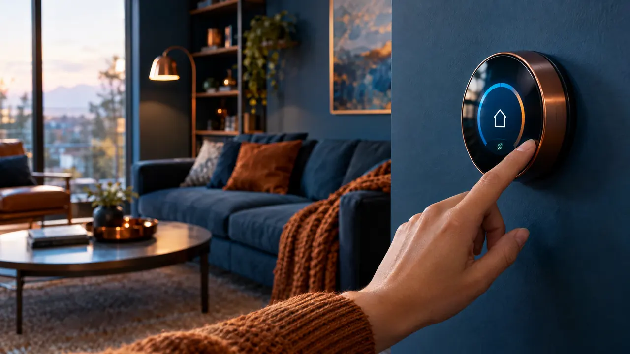 Smart Thermostat on a Living Room Wall | Music City Plumber A hand touching a sleek modern smart thermostat on a wall showing a comfortable temperature, a cozy living room in soft light behind