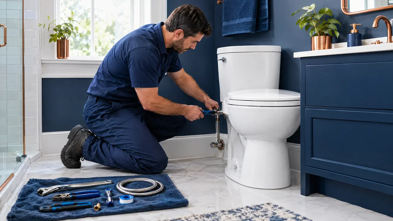 A plumber installing a modern white toilet in a bright bathroom, setting the supply line with tools laid out neatly on a towel