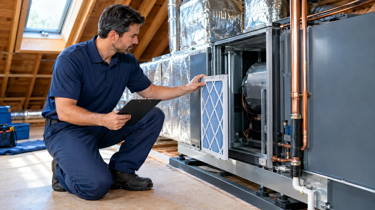 Replacing an Air Filter During a Tune-Up | Music City Plumber A technician in a tidy attic replacing an air filter and checking an indoor air handler with a clipboard, bright and clean