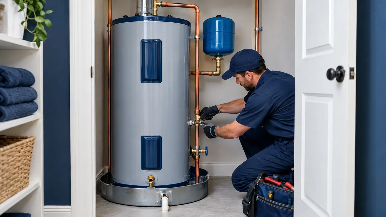 New Tank Water Heater Installation | Music City Plumber A brand-new tank water heater being installed in a clean utility closet with copper lines, an expansion tank and a drain pan, a plumber making the final connection