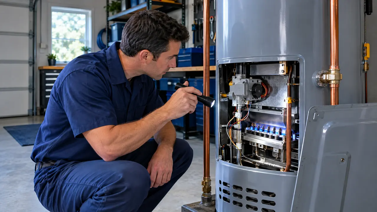 A plumber inspecting the burner area and controls of a residential gas water heater in a tidy garage with the access panel open, flashlight in hand